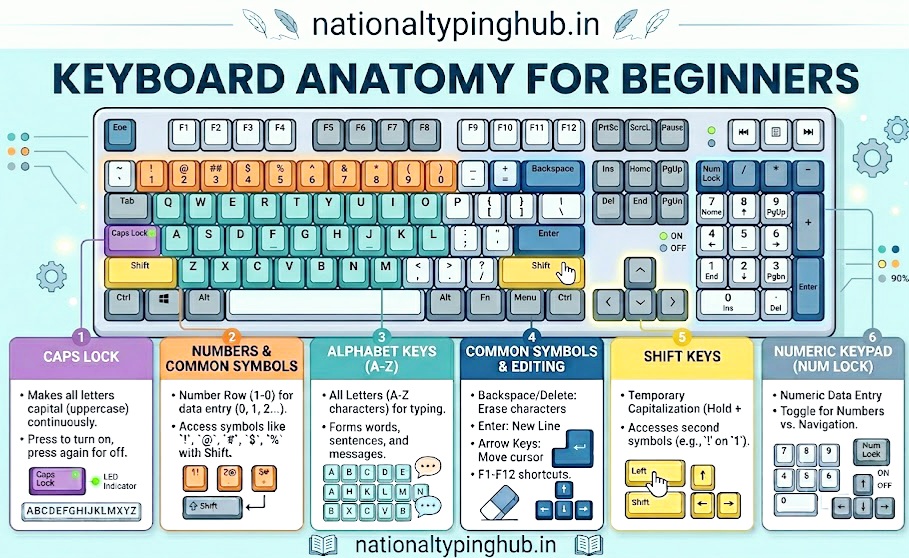 Keyboard Anatomy Diagram showing Alphabets, Numbers, and Special Keys